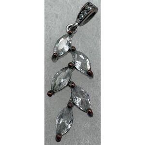 Silver Tone Rhinestone Leaf Pendant 1" Vintage Style Charm with Jewelry Box